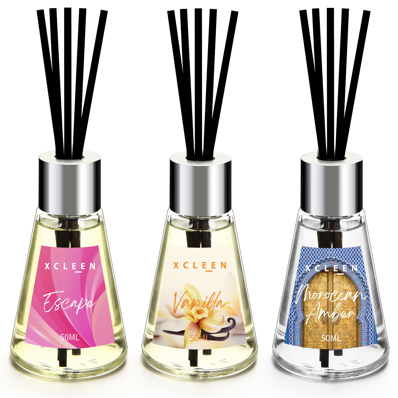 3 Pack Reed Diffuser, Escape/Vanilla/Moroccan Amber Scented Oil for Bathroom & Office, Holiday Home Fragrance, Gift Idea